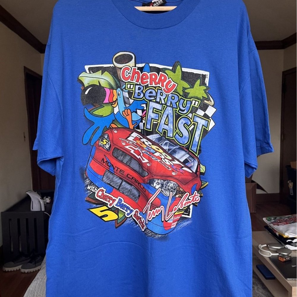 VINTAGE NASCAR FRUIT LOOPS CARTOON LABONTE BLUE T SHIRT SIZE LARGE Y2K HYPE